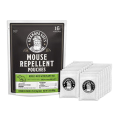 Grandpa Gus's mouse repellent pouch packaging with cinnamon-peppermint scent for natural nesting deterrence
