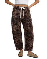 GRAPENT elastic waist barrel jeans with leopard print, cropped for a flattering silhouette.