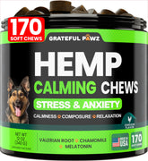 Grateful Pawz hemp calming chews for dogs in a bottle promote relaxation during storms.