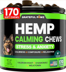 Grateful Pawz hemp calming chews for dogs in a bottle promote relaxation during storms.