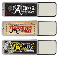 Grave Before Shave Fisticuffs mustache wax three-pack offering original, teakwood, and bay rum scents for versatile styling.