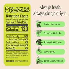 Graza Sizzle label closeup, highlights single-origin olives.