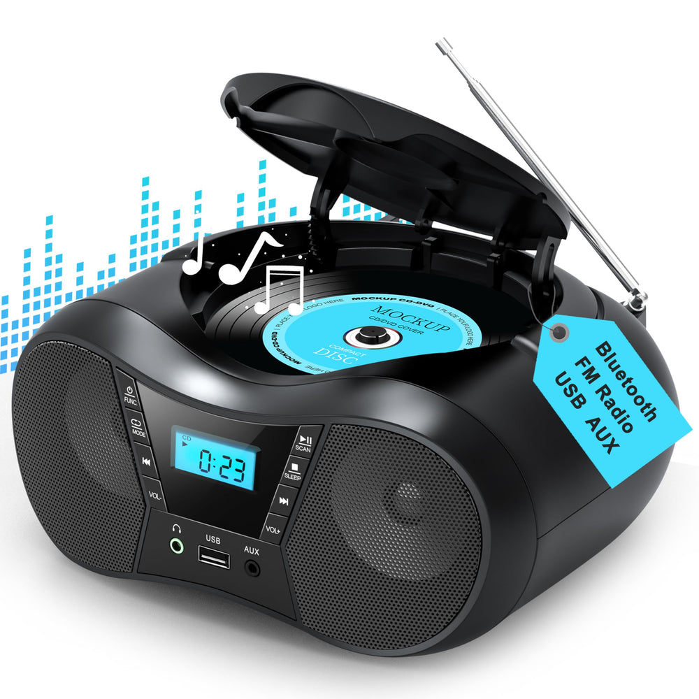 Greadio Boombox front view with CD player and dual speakers for room-filling stereo sound.