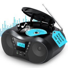 Greadio Boombox front view with CD player and dual speakers for room-filling stereo sound.