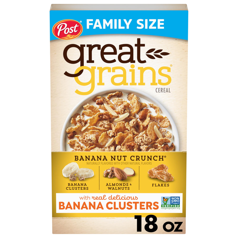 Great Grains Banana Nut Crunch cereal box on kitchen counter, heart-healthy breakfast option.