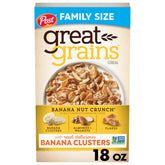 Great Grains Banana Nut Crunch cereal box on kitchen counter, heart-healthy breakfast option.