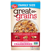 Great Grains Cranberry Almond Crunch cereal box highlights whole grains for morning energy.