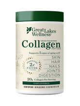 Great Lakes Wellness collagen peptides powder tub front, showing pure protein for skin and joints.