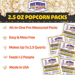 Great Northern Popcorn 2.5-ounce pack poured into a popcorn kettle for quick pops.