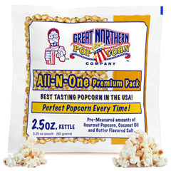 Great Northern Popcorn 2.5oz packs ready for kettle setup, easy premiere-night popping.