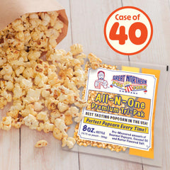 Great Northern Popcorn all-in-one premeasured pack simplifies popping with kernels, oil, and salt