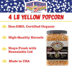 Great Northern Popcorn Company Organic Kernels bulk 4lb label for family movie nights.