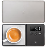 Greater Goods digital espresso scale front view shows sleek matte-black design and precise weighing.
