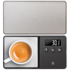 Greater Goods digital espresso scale front view shows sleek matte-black design and precise weighing.