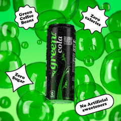 Green Cola glass being poured, crisp flavor with natural caffeine.