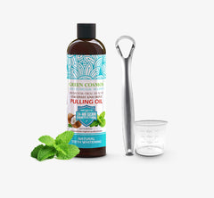 Green Cosmos Coconut Mint Pulling Oil bottle shown for natural oral care at home.