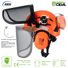 GREEN DEVIL forestry helmet with ear muffs reduces loud noise exposure.