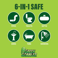 Green Gobbler drain stick inside toilet tank for continuous deodorizing.