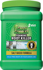Green Gobbler foaming root killer packaging shown for safe, on-demand root control.