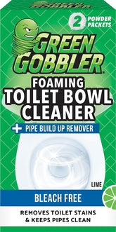 Green Gobbler foaming toilet bowl cleaner removes stains with lime scent.