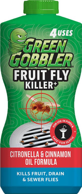 Green Gobbler fruit fly killer gel bottle ready for rapid drain fly control