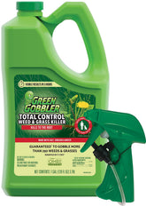 Green Gobbler Total Control bottle pour demonstrates easy garden application for weed control.