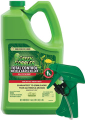 Green Gobbler Total Control bottle pour demonstrates easy garden application for weed control.