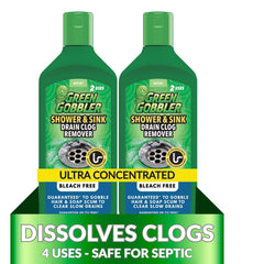 Green Gobbler Ultra Drain Cleaner bottle pouring to clear a clog
