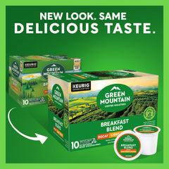 Green Mountain Breakfast Blend Decaf packaging highlights sustainability and fresh aroma.