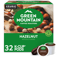Green Mountain Hazelnut K-Cup pod close-up showing nutty aroma ready to brew