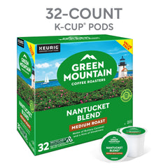 Green Mountain Nantucket Blend box side highlights tasting notes and roast level for informed choice.
