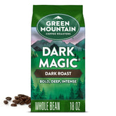 Green Mountain Dark Magic 18 oz bag on a shelf ready to grind for bold mornings.