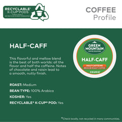 Half Caff label on Green Mountain pod signaling reduced caffeine without sacrificing taste.