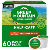 Green Mountain Half Caff pods in box showcase rich flavor with half the caffeine