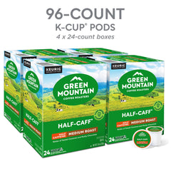 Green Mountain Half Caff packaging shows 96-count box for home use