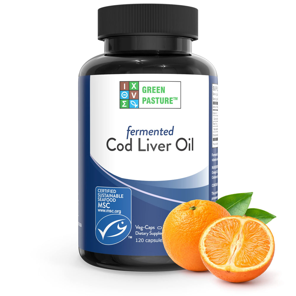 Green Pasture orange bottle of fermented cod liver oil for daily nutrition.