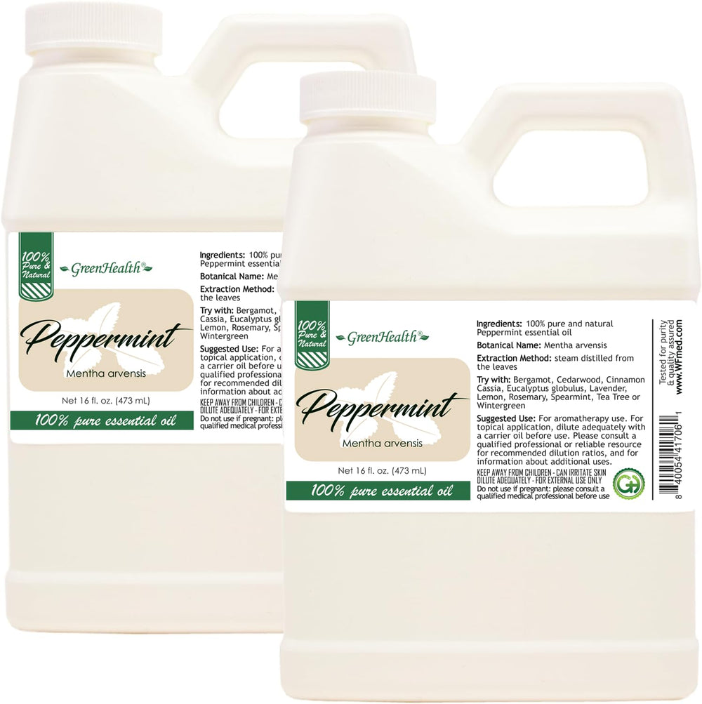 GreenHealth Peppermint Essential Oil 32 oz bulk pack, front view for bulk purchase