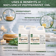 GreenHealth Peppermint Oil jug close-up, showcasing pure uncut aroma for diffusers