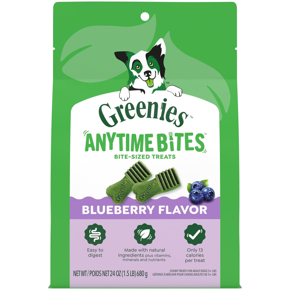 Greenies Anytime Bites blueberry pack front view, ideal for training rewards.