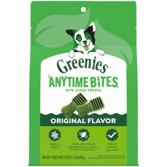 Greenies Anytime Bites original bag showing small, savory treats for frequent rewards.
