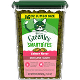 Greenies Smartbites salmon-flavored cat treats support healthy skin and fur.