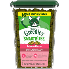 Greenies Smartbites salmon-flavored cat treats support healthy skin and fur.