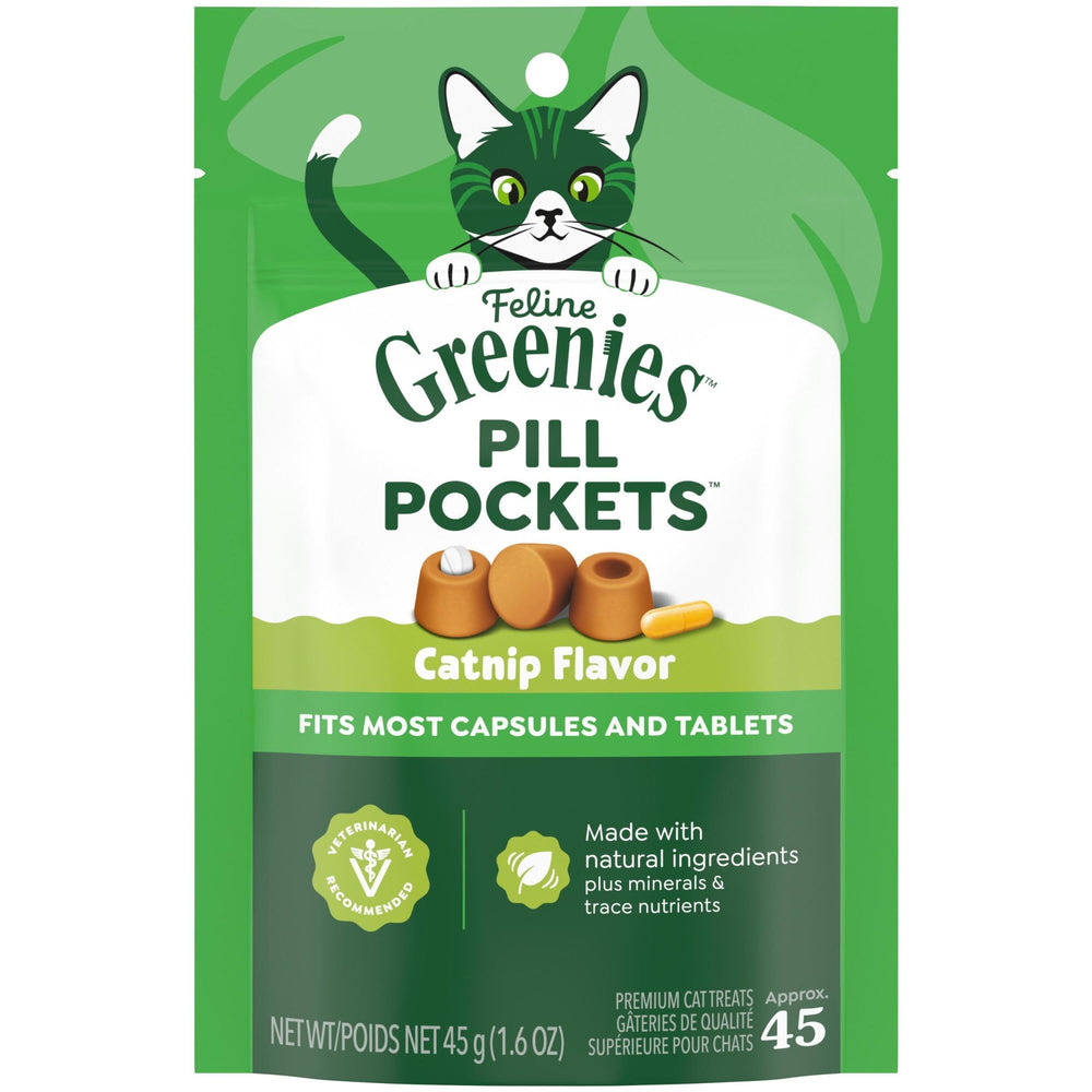 Greenies Feline Pill Pockets catnip treat pack close-up for easy medication time.