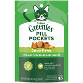 Greenies Feline Pill Pockets catnip treat pack close-up for easy medication time.