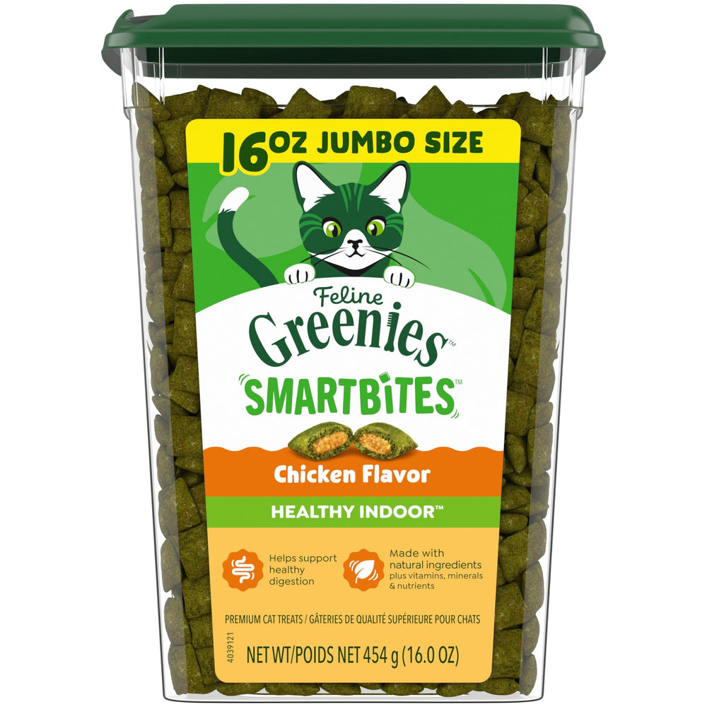 Greenies Feline Smartbites 16oz tub front for convenient daily indoor cat treats.