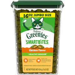 Greenies Feline Smartbites 16oz tub front for convenient daily indoor cat treats.