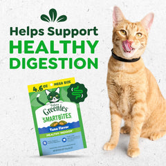 Greenies Feline Smartbites fiberblend formula highlights digestive support benefits.