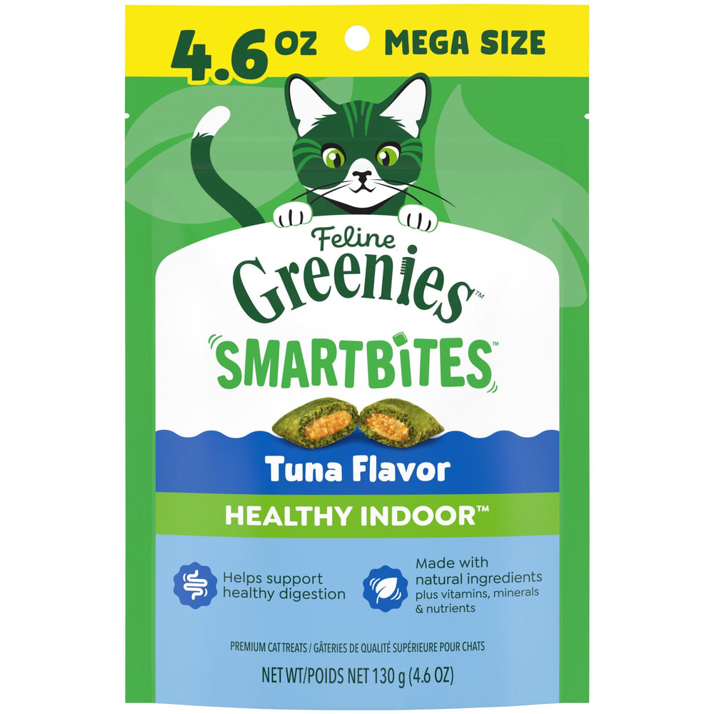 Greenies Feline Smartbites tuna-treats-pack for indoor cats offers a tasty reward.