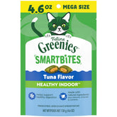 Greenies Feline Smartbites tuna-treats-pack for indoor cats offers a tasty reward.