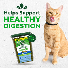 Greenies Feline Smartbites tuna tub back label, highlighting Fiberblend formula and ingredients.